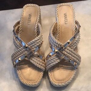 Vaneli crossed gold satin braided embellished studs cushy insole wedge sandals